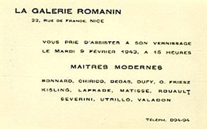 Carton d'invitation de l'inauguration de la galerie Romanin.
